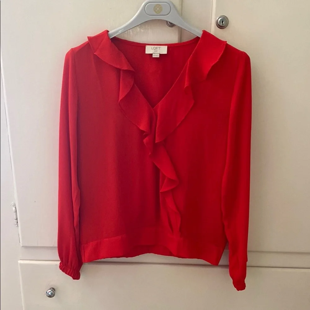 Loft Red Long Sleeve Blouse Cascading Front Ruffle Elastic Cuffs Hem XS Petite